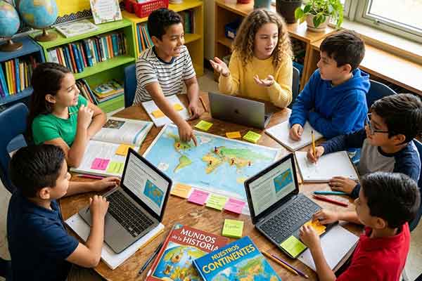 Niños en proceso de evaluación colaborativa integral alrededor de una mesa redonda
