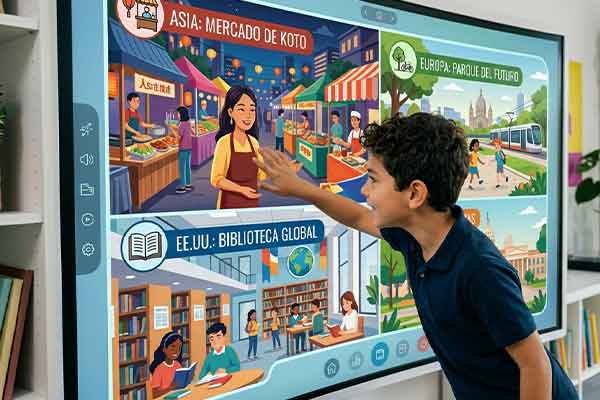 Estudiante usando inglés en contexto digital interactivo